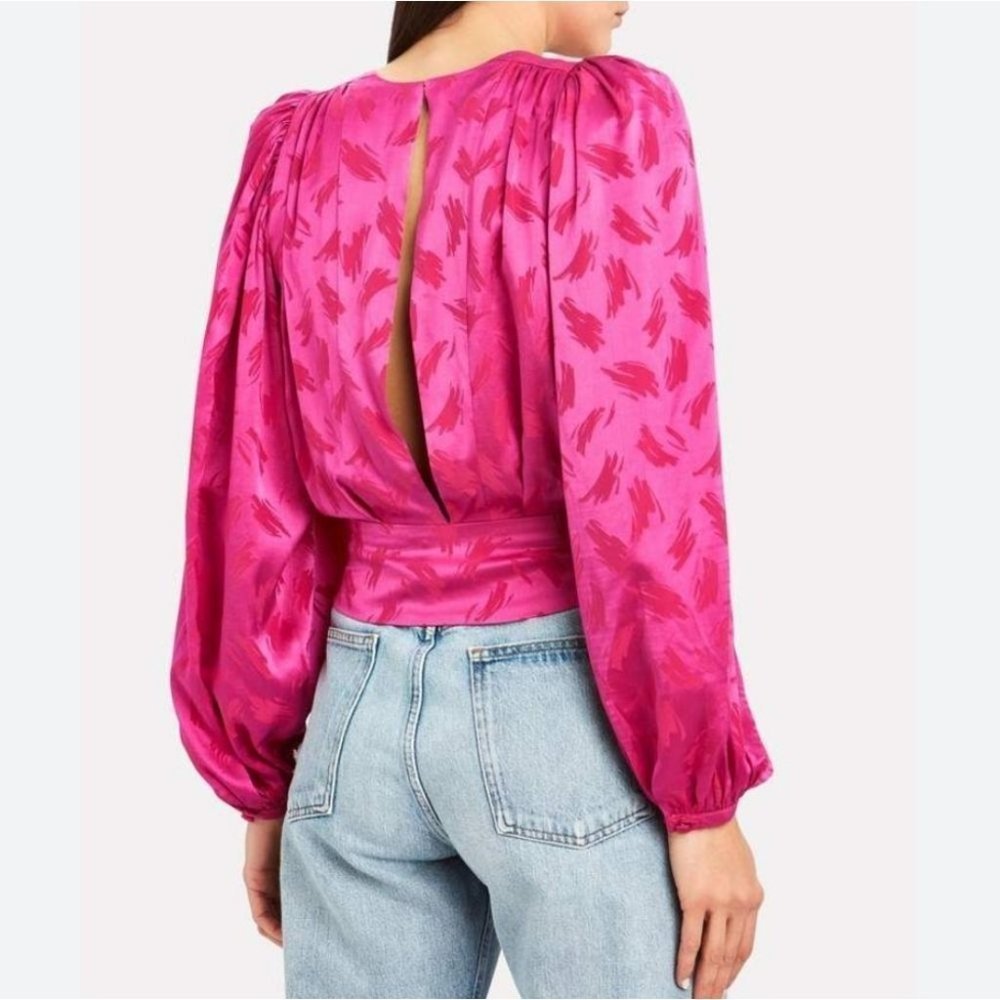 Ronny Kobo Collection Fuchsia Pink Satin Long Sleeve Wrap Blouse - Picture 2 of 10